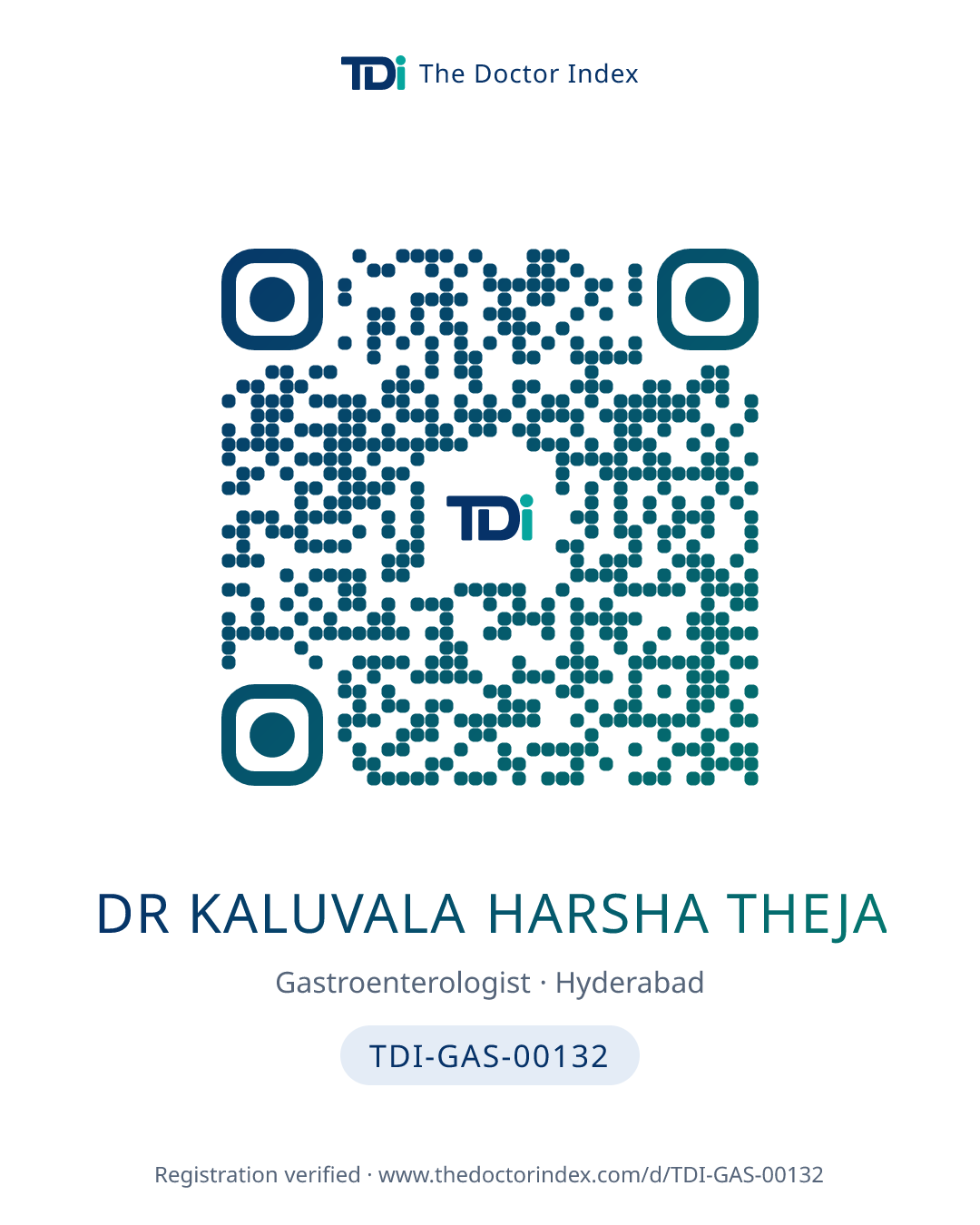 QR card for Dr Kaluvala Harsha Theja, TDI-GAS-00132