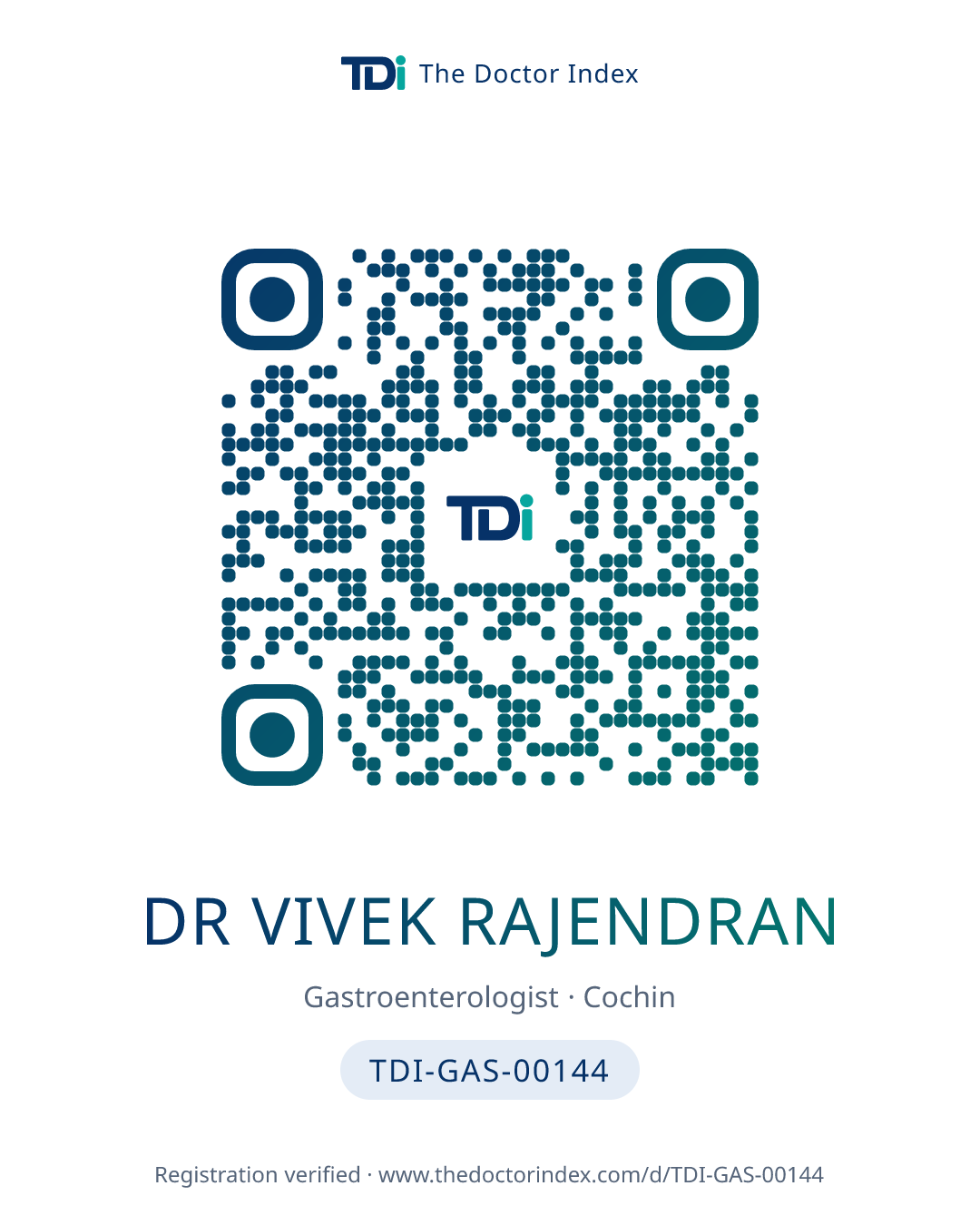 QR card for Dr Vivek Rajendran, TDI-GAS-00144