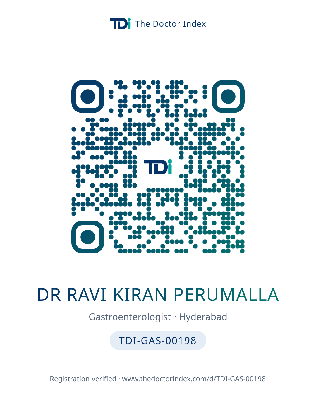 QR card for Dr Ravi Kiran Perumalla, TDI-GAS-00198
