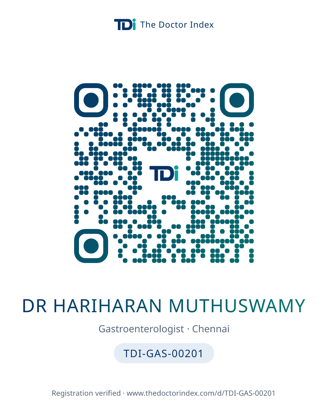 QR card for Dr Hariharan Muthuswamy, TDI-GAS-00201