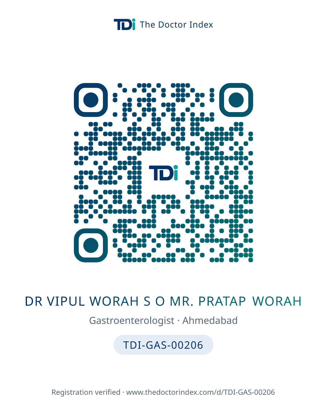 QR card for Dr Vipul Worah S o Mr. Pratap Worah, TDI-GAS-00206