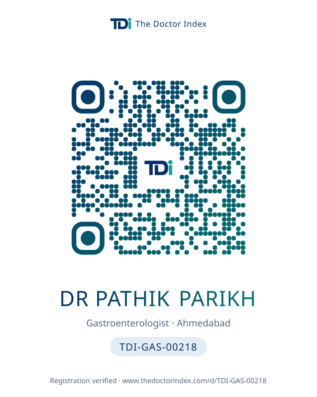 QR card for Dr Pathik Parikh, TDI-GAS-00218
