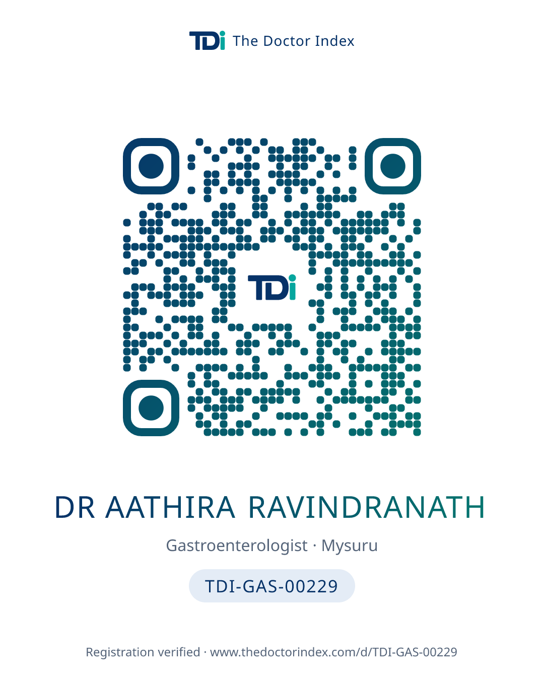 QR card for Dr Aathira Ravindranath, TDI-GAS-00229