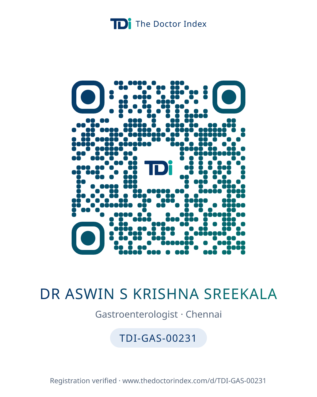 QR card for Dr Aswin S Krishna Sreekala, TDI-GAS-00231