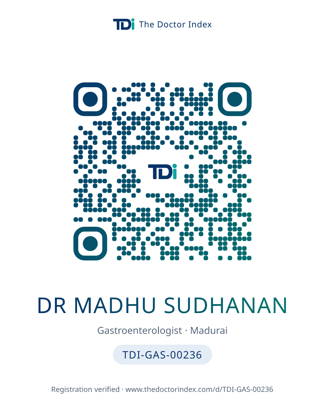 QR card for Dr Madhu Sudhanan, TDI-GAS-00236