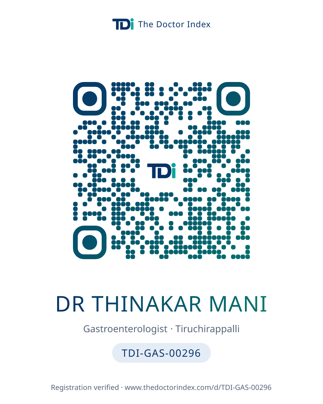 QR card for Dr Thinakar Mani, TDI-GAS-00296