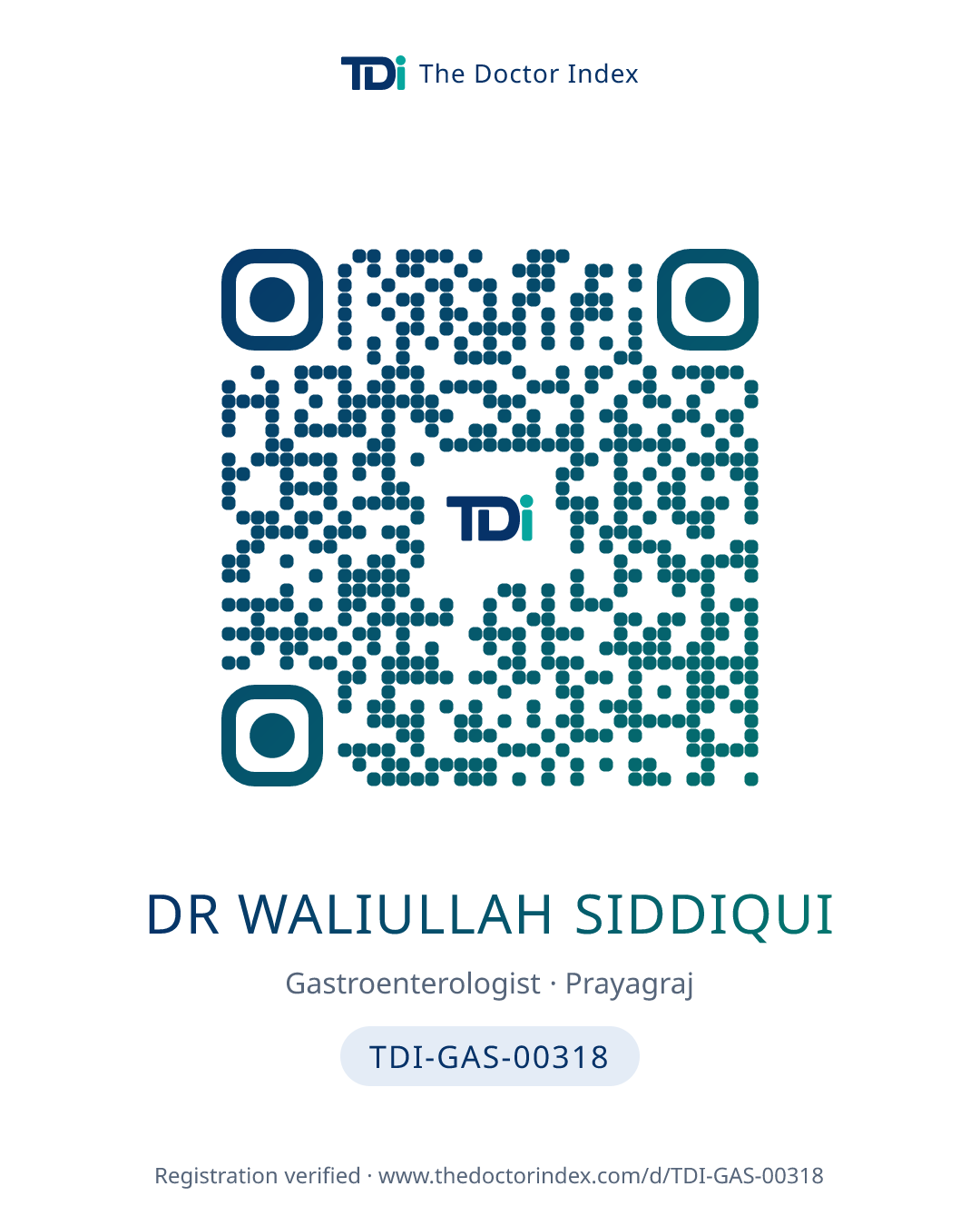 QR card for Dr Waliullah Siddiqui, TDI-GAS-00318
