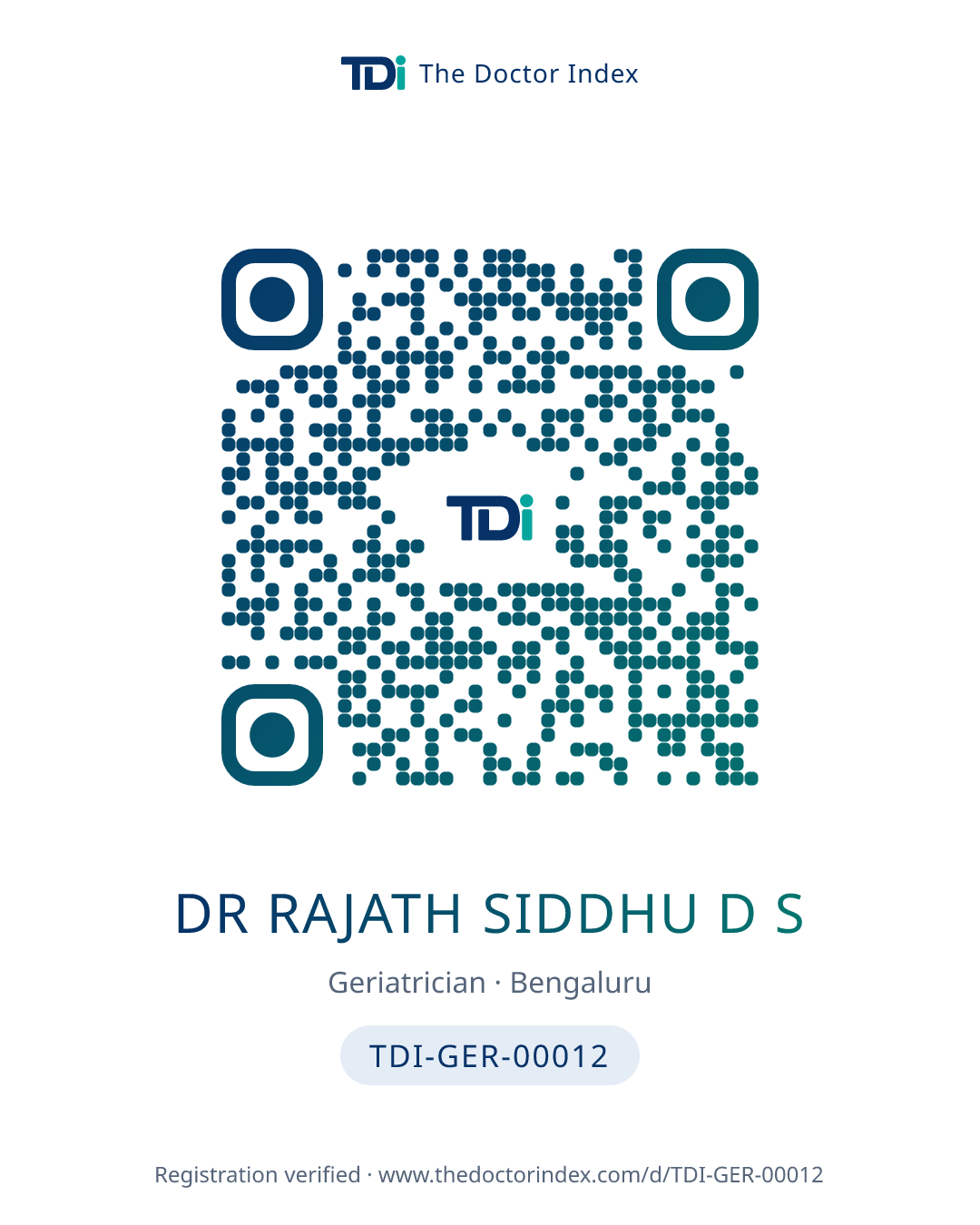 QR card for Dr Rajath Siddhu D S, TDI-GER-00012