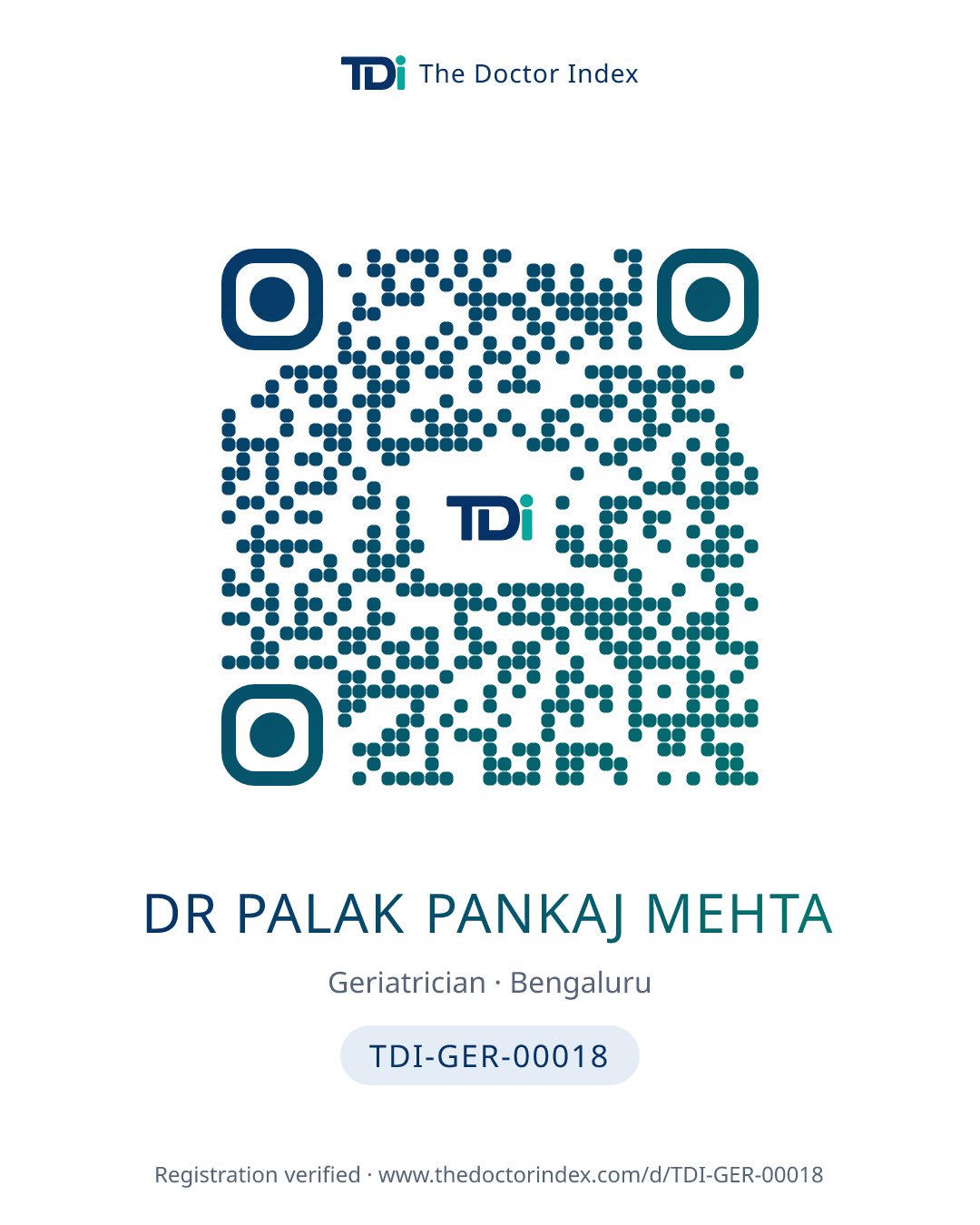 QR card for Dr Palak Pankaj Mehta, TDI-GER-00018