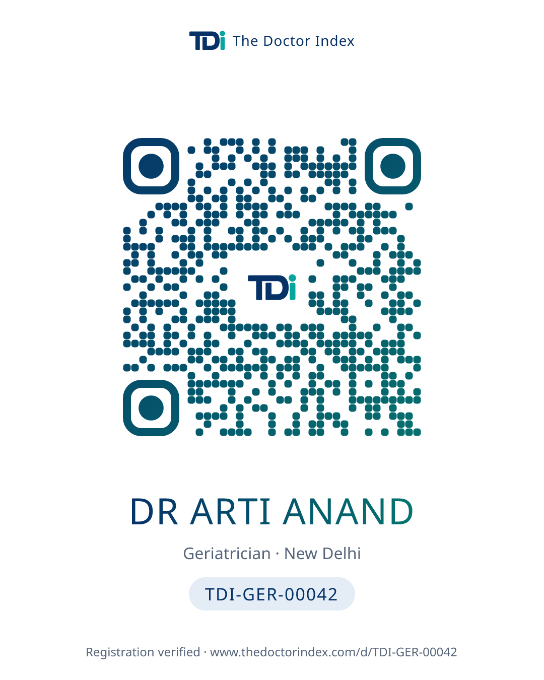 QR card for Dr Arti Anand, TDI-GER-00042
