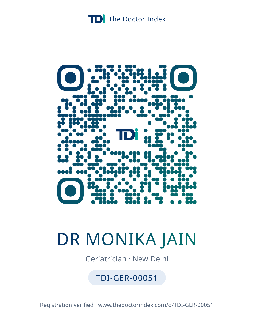 QR card for Dr Monika Jain, TDI-GER-00051