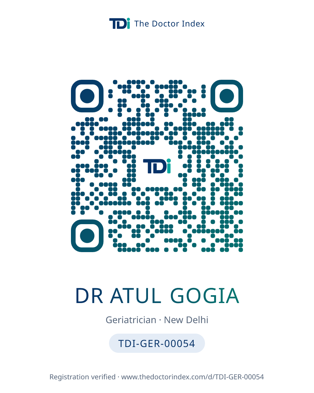 QR card for Dr Atul Gogia, TDI-GER-00054
