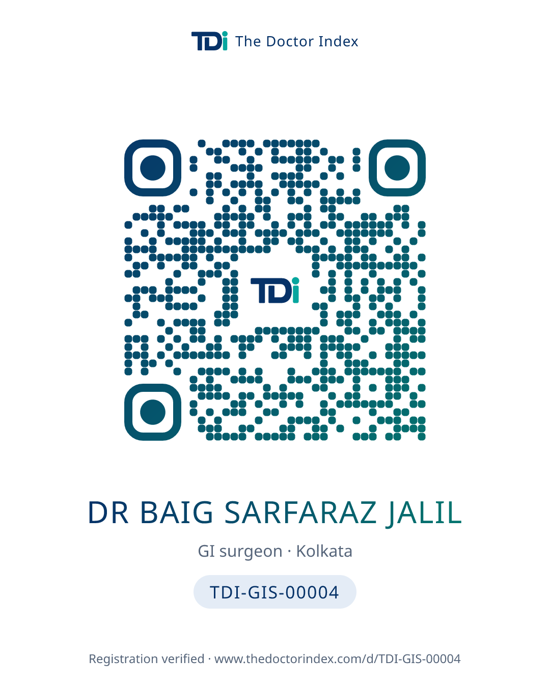 QR card for Dr Baig Sarfaraz Jalil, TDI-GIS-00004