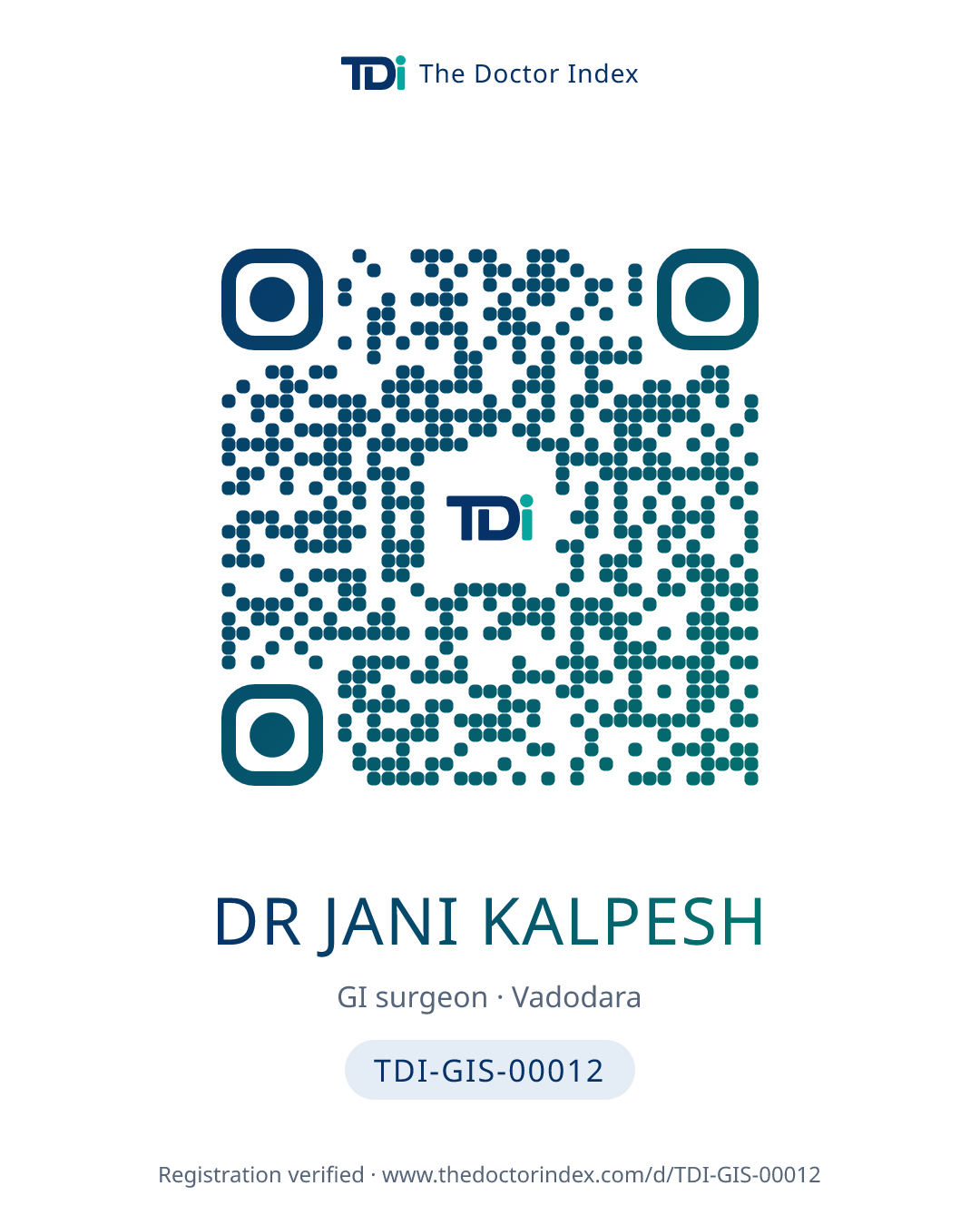 QR card for Dr Jani Kalpesh, TDI-GIS-00012
