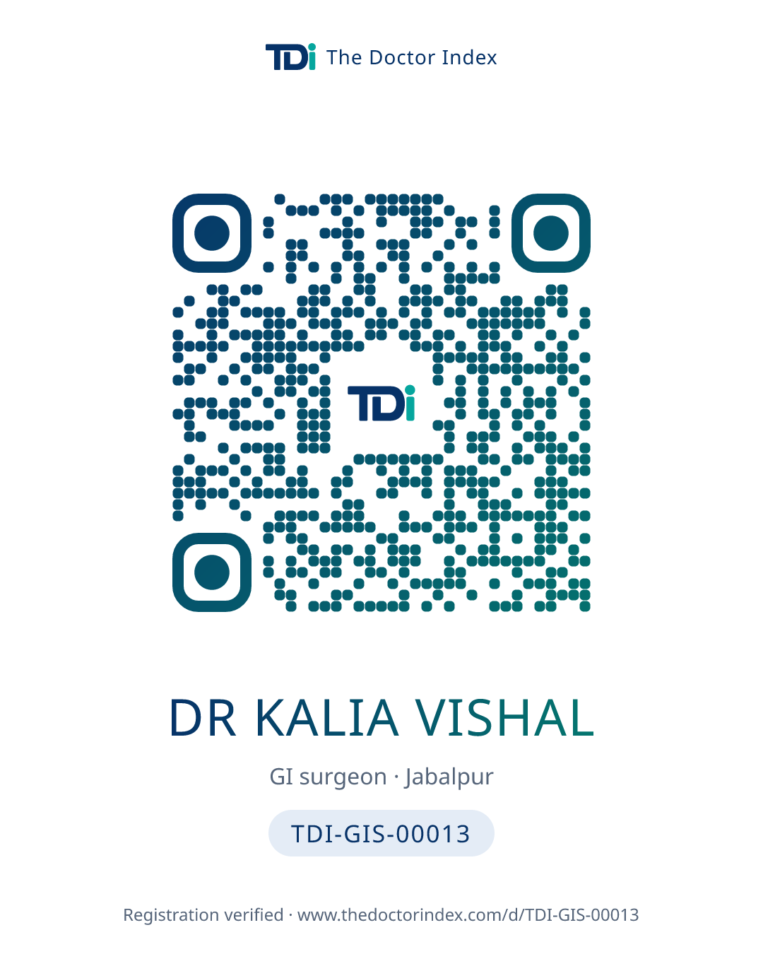 QR card for Dr Kalia Vishal, TDI-GIS-00013
