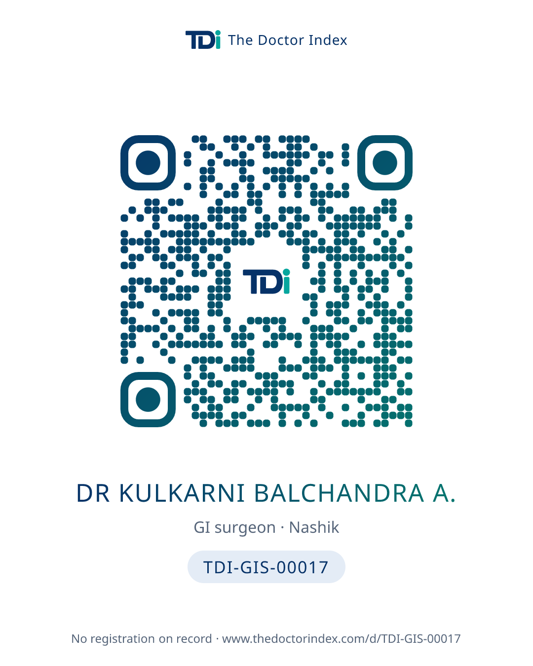QR card for Dr Kulkarni Balchandra A., TDI-GIS-00017