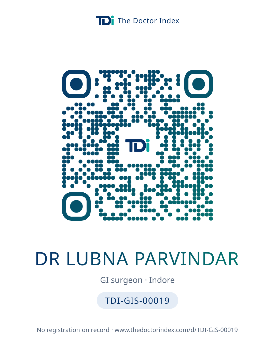 QR card for Dr Lubna Parvindar, TDI-GIS-00019