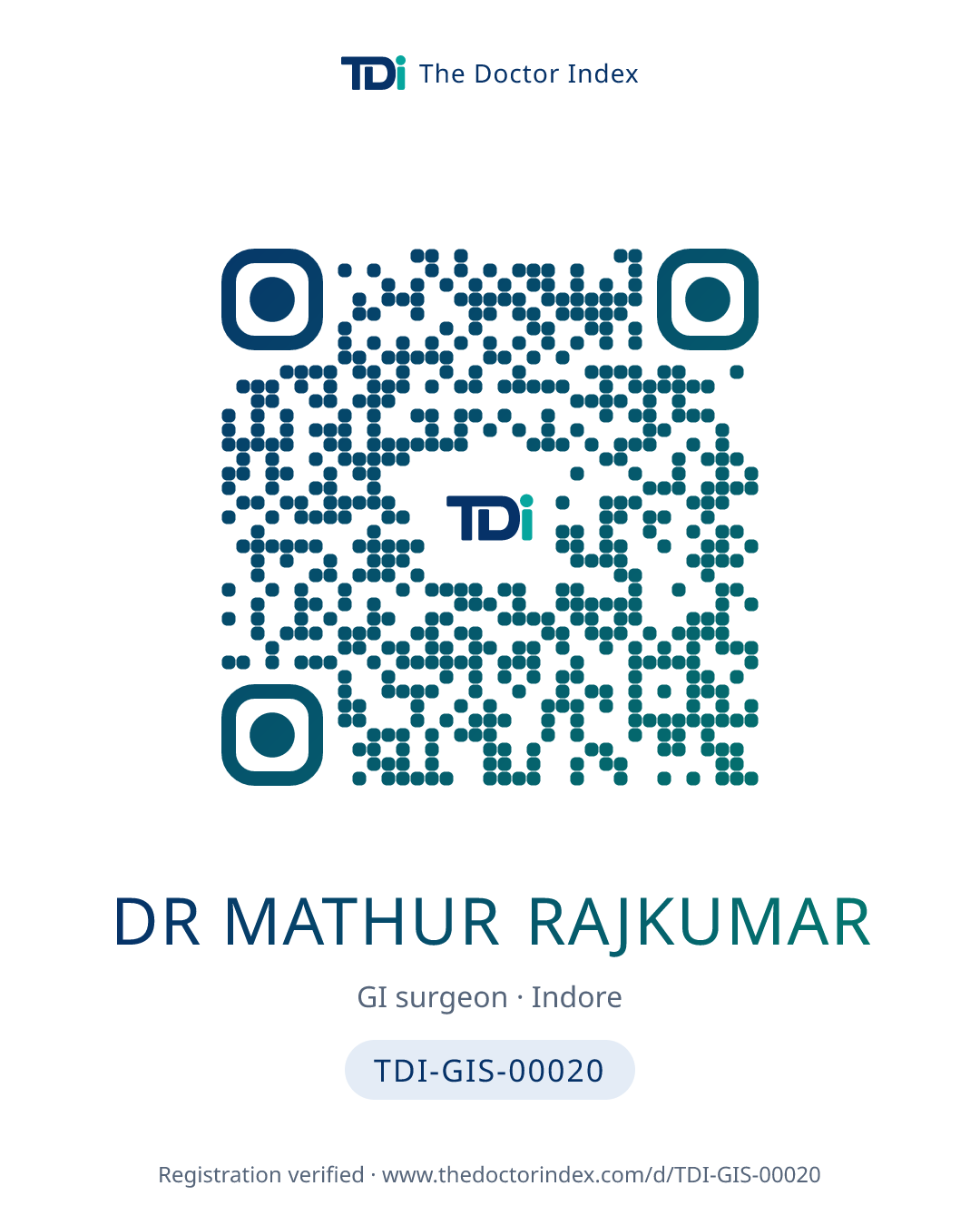 QR card for Dr Mathur Rajkumar, TDI-GIS-00020