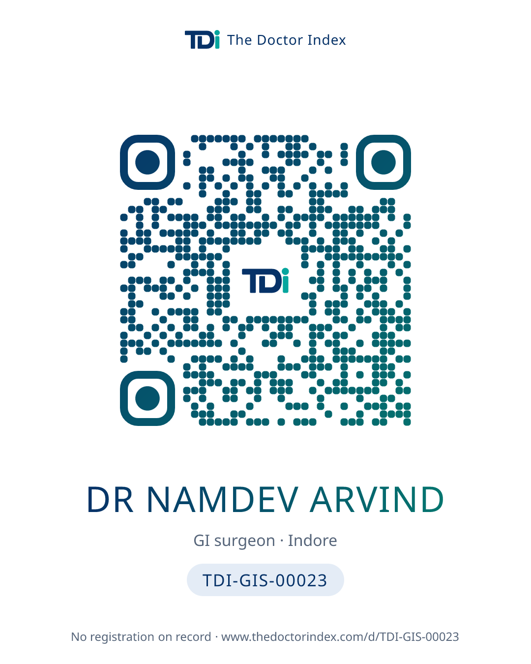 QR card for Dr Namdev Arvind, TDI-GIS-00023