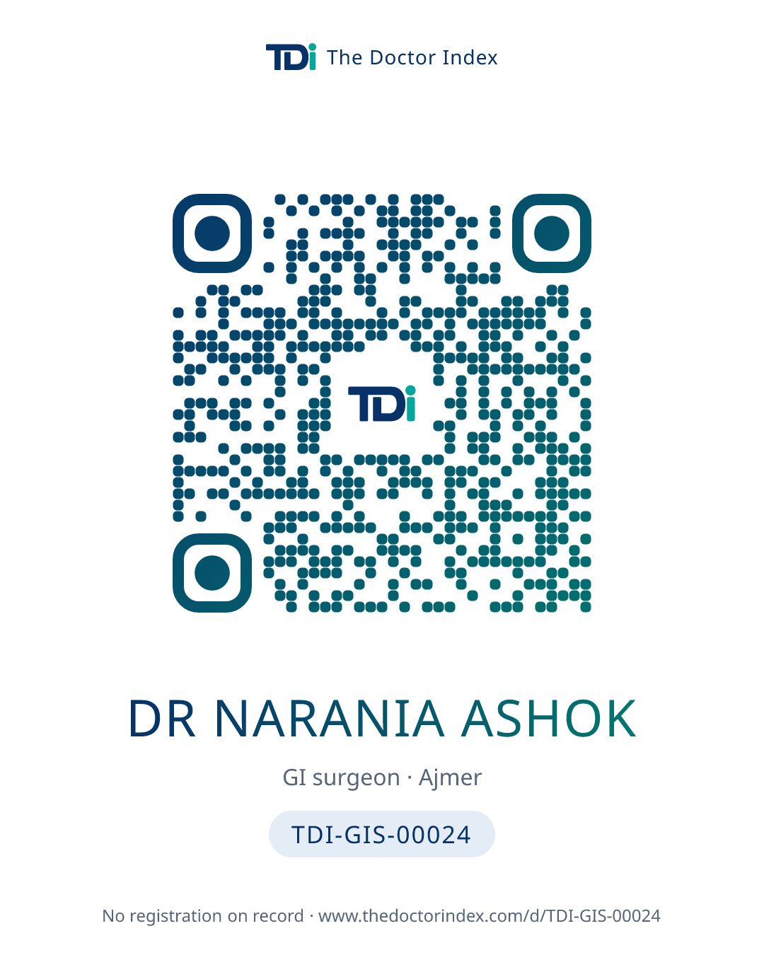 QR card for Dr Narania Ashok, TDI-GIS-00024