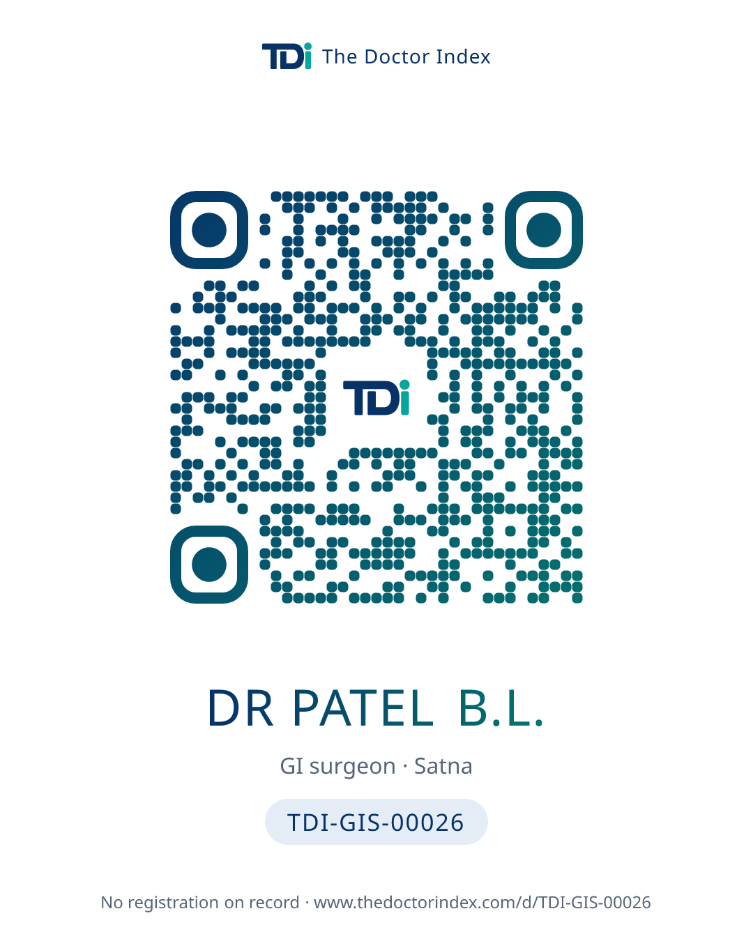 QR card for Dr Patel B.L., TDI-GIS-00026