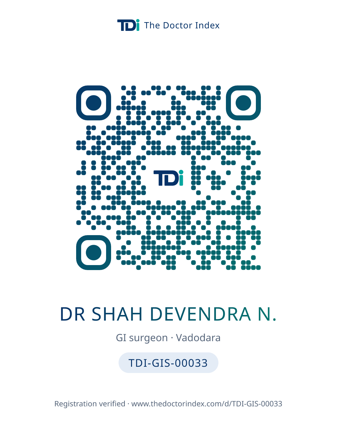 QR card for Dr Shah Devendra N., TDI-GIS-00033