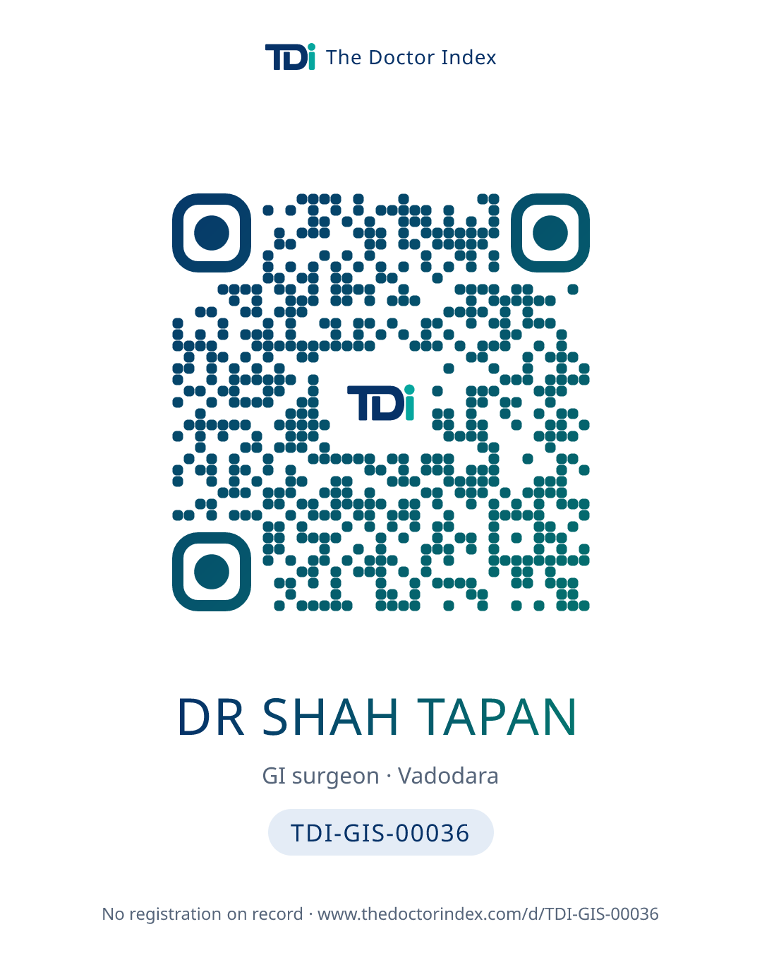 QR card for Dr Shah Tapan, TDI-GIS-00036