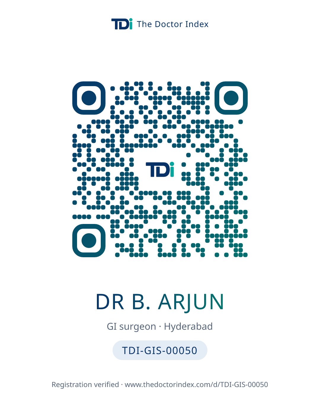 QR card for Dr B. Arjun, TDI-GIS-00050