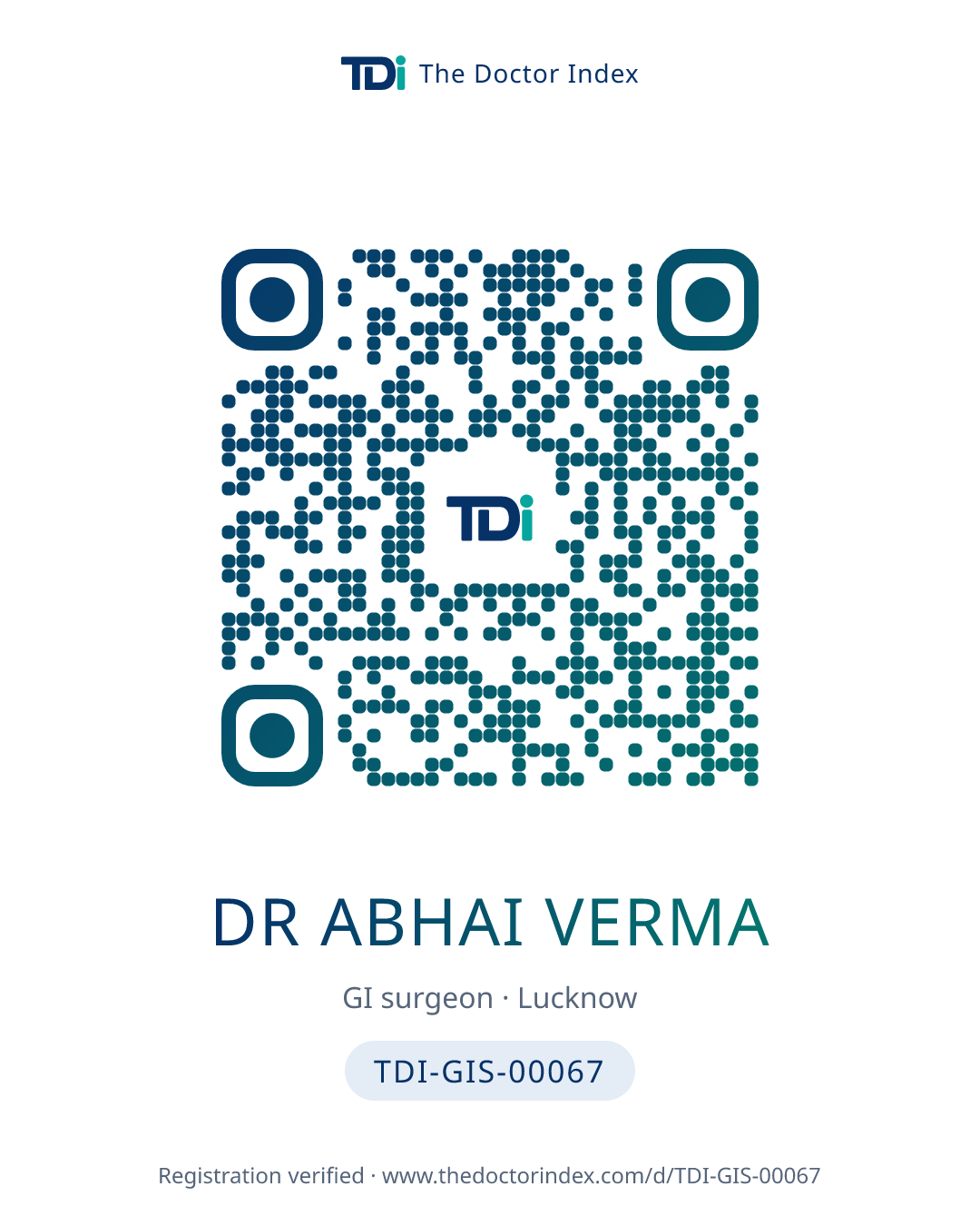 QR card for Dr Abhai Verma, TDI-GIS-00067