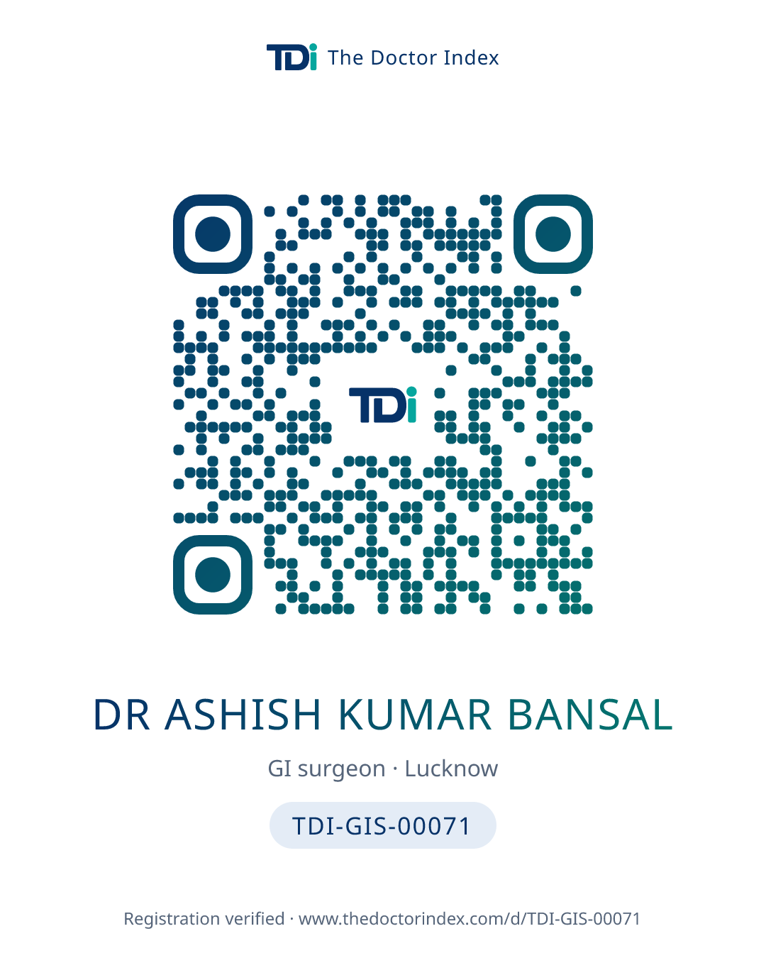 QR card for Dr Ashish Kumar Bansal, TDI-GIS-00071