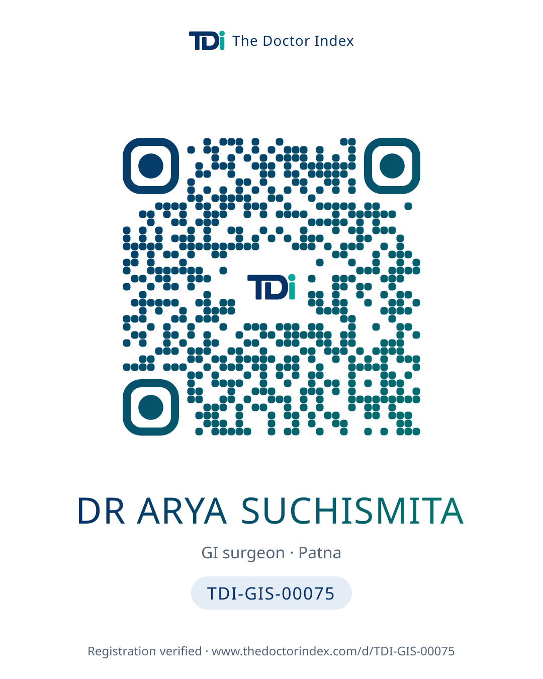 QR card for Dr Arya Suchismita, TDI-GIS-00075