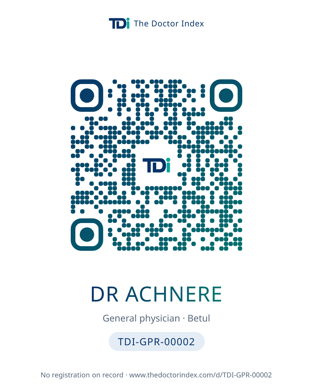 QR card for Dr Achnere, TDI-GPR-00002