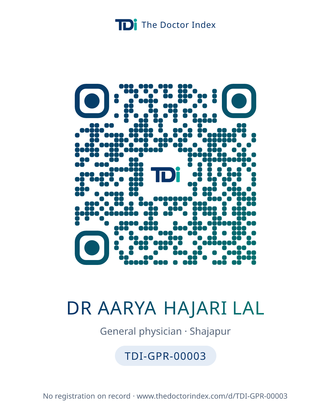 QR card for Dr Aarya Hajari Lal, TDI-GPR-00003