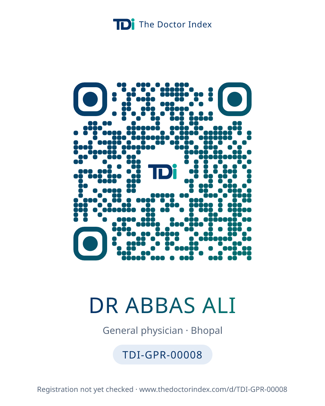 QR card for Dr Abbas Ali, TDI-GPR-00008