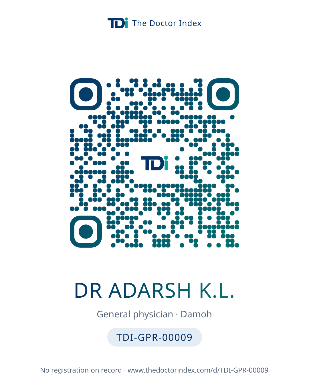 QR card for Dr Adarsh K.L., TDI-GPR-00009