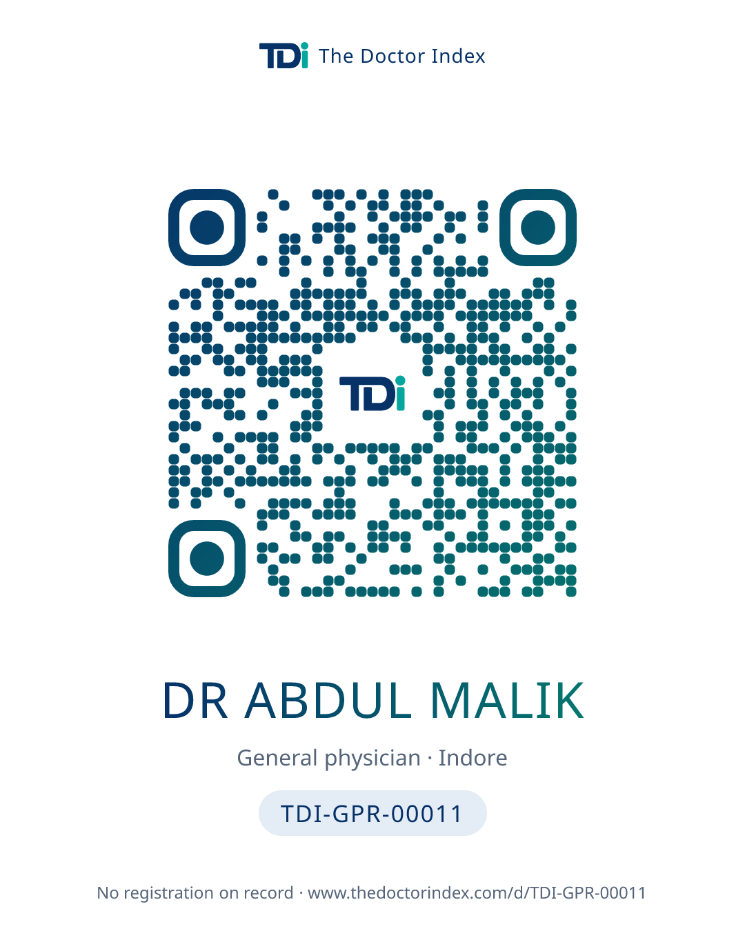 QR card for Dr Abdul Malik, TDI-GPR-00011