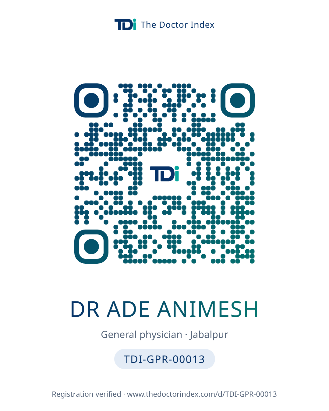 QR card for Dr Ade Animesh, TDI-GPR-00013
