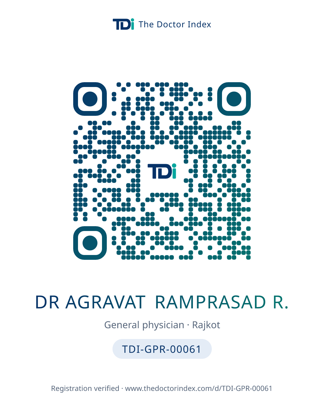 QR card for Dr Agravat Ramprasad R., TDI-GPR-00061