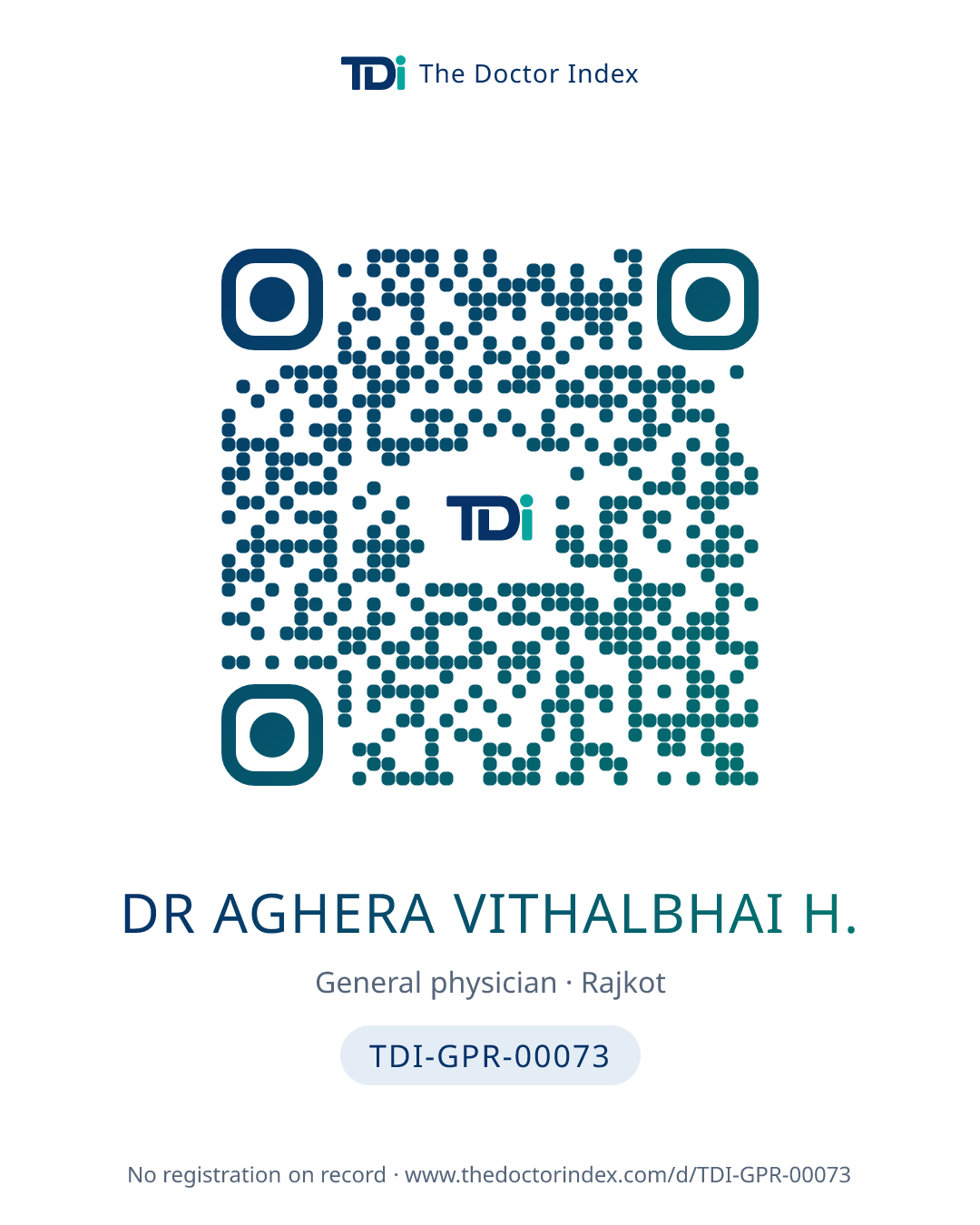 QR card for Dr Aghera Vithalbhai H., TDI-GPR-00073