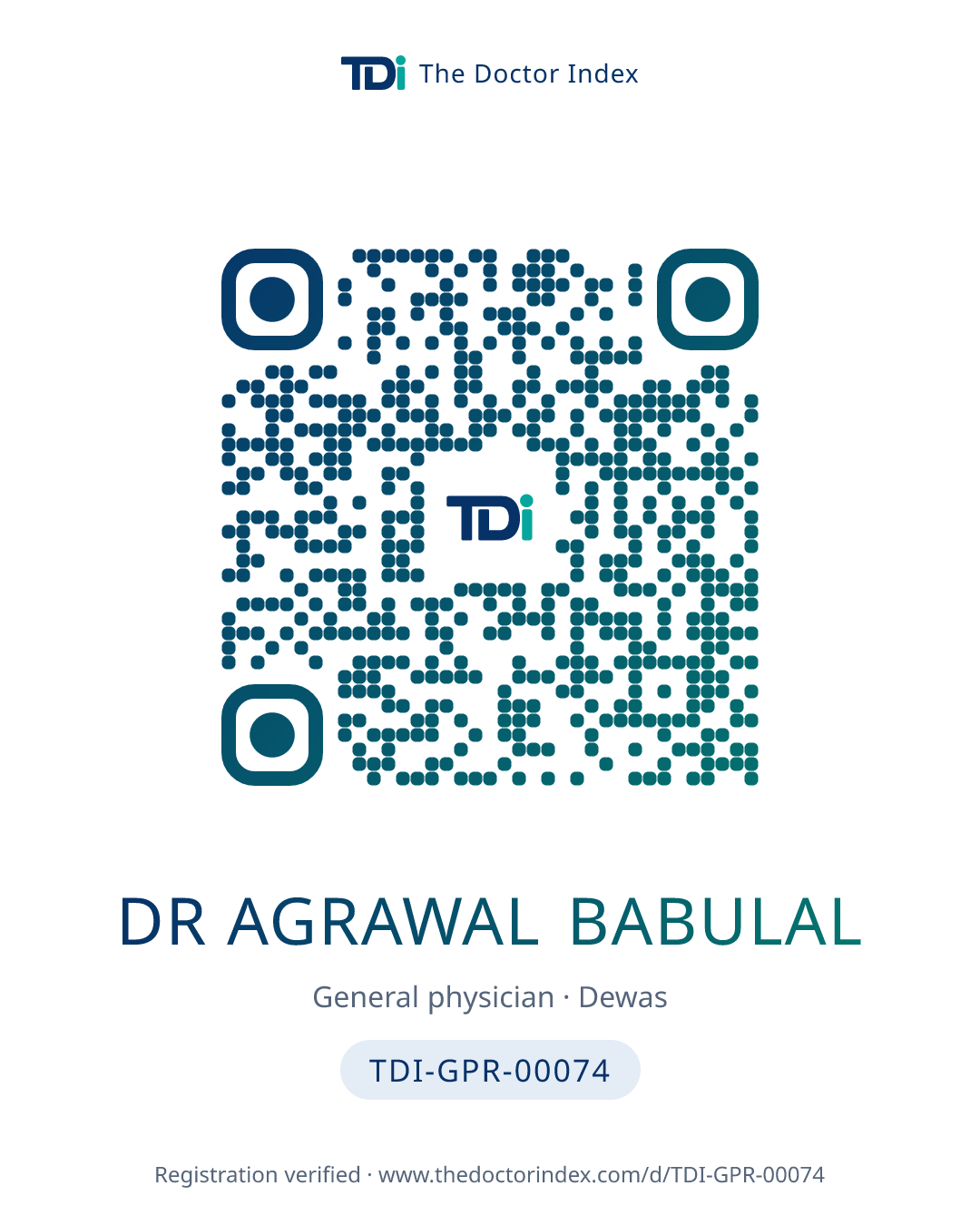 QR card for Dr Agrawal Babulal, TDI-GPR-00074