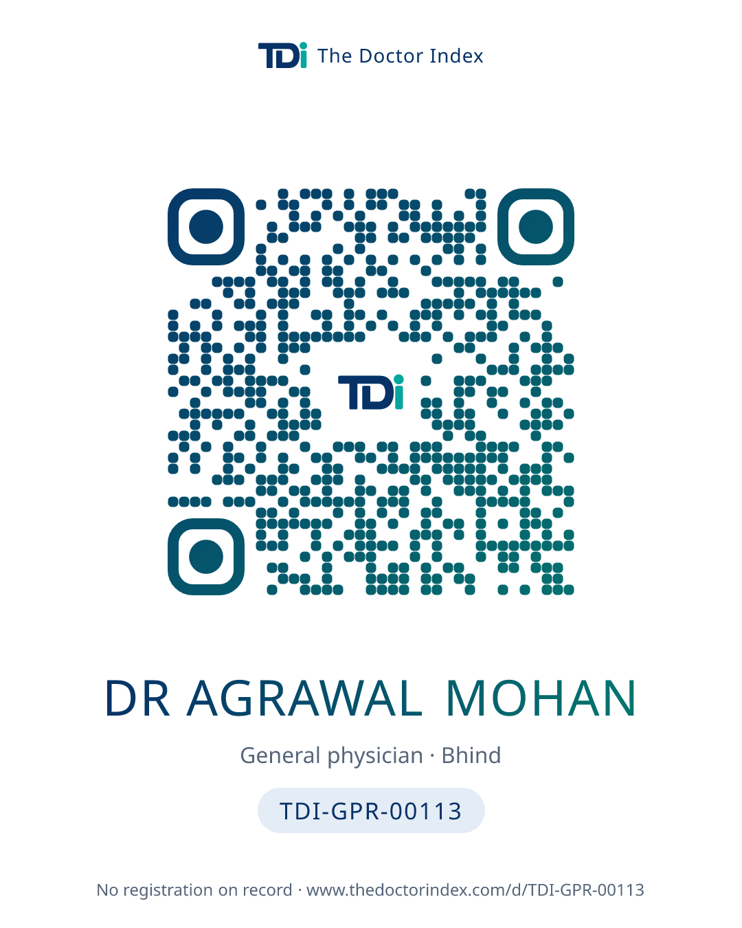 QR card for Dr Agrawal Mohan, TDI-GPR-00113