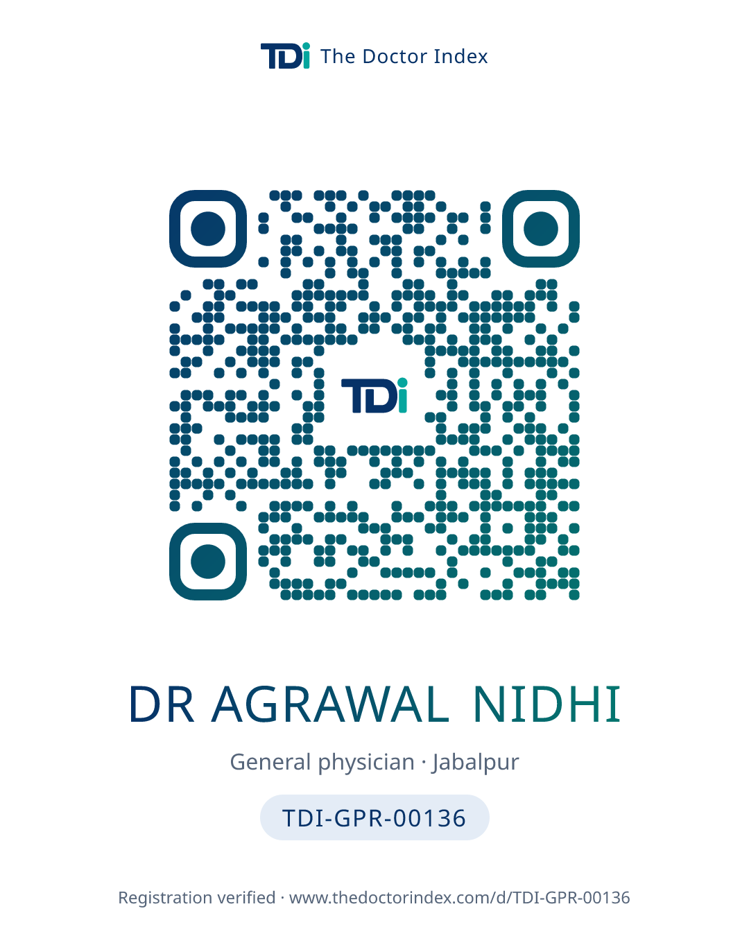 QR card for Dr Agrawal Nidhi, TDI-GPR-00136