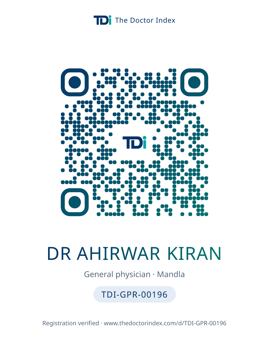QR card for Dr Ahirwar Kiran, TDI-GPR-00196