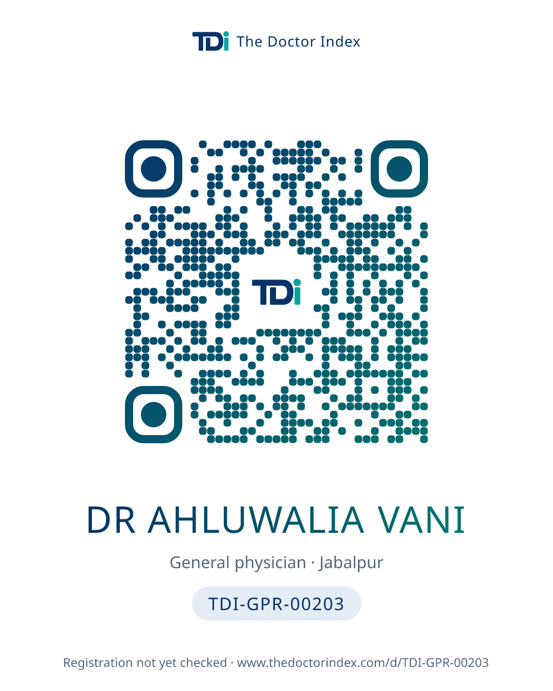 QR card for Dr Ahluwalia Vani, TDI-GPR-00203