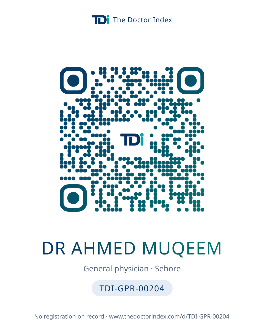 QR card for Dr Ahmed Muqeem, TDI-GPR-00204