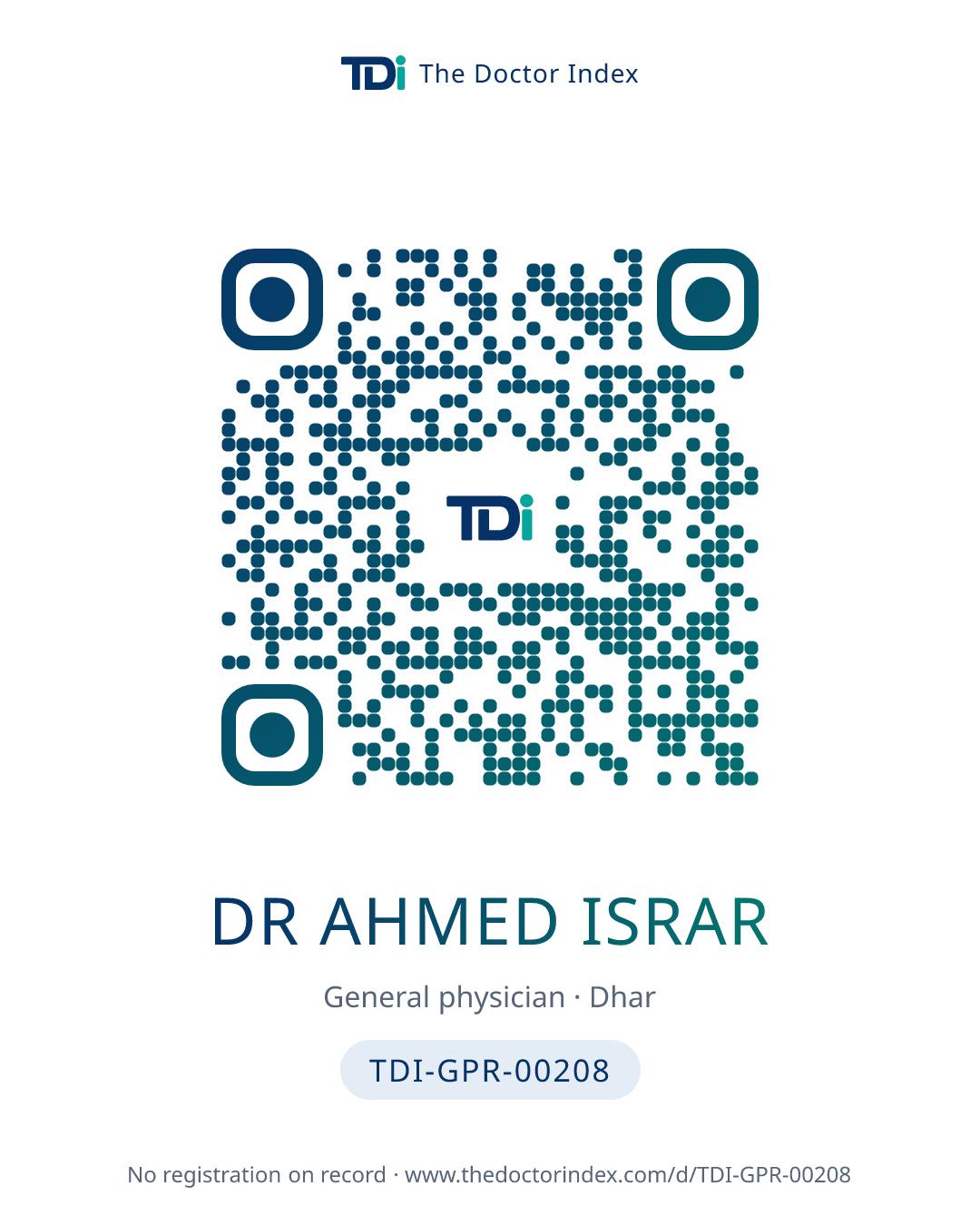 QR card for Dr Ahmed Israr, TDI-GPR-00208