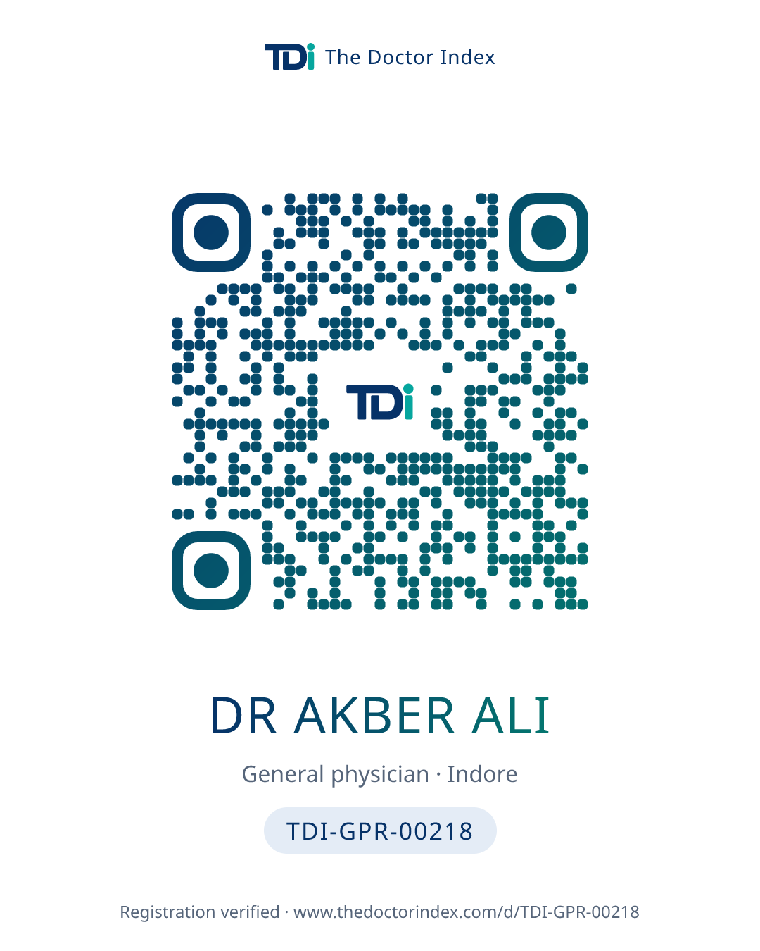 QR card for Dr Akber Ali, TDI-GPR-00218