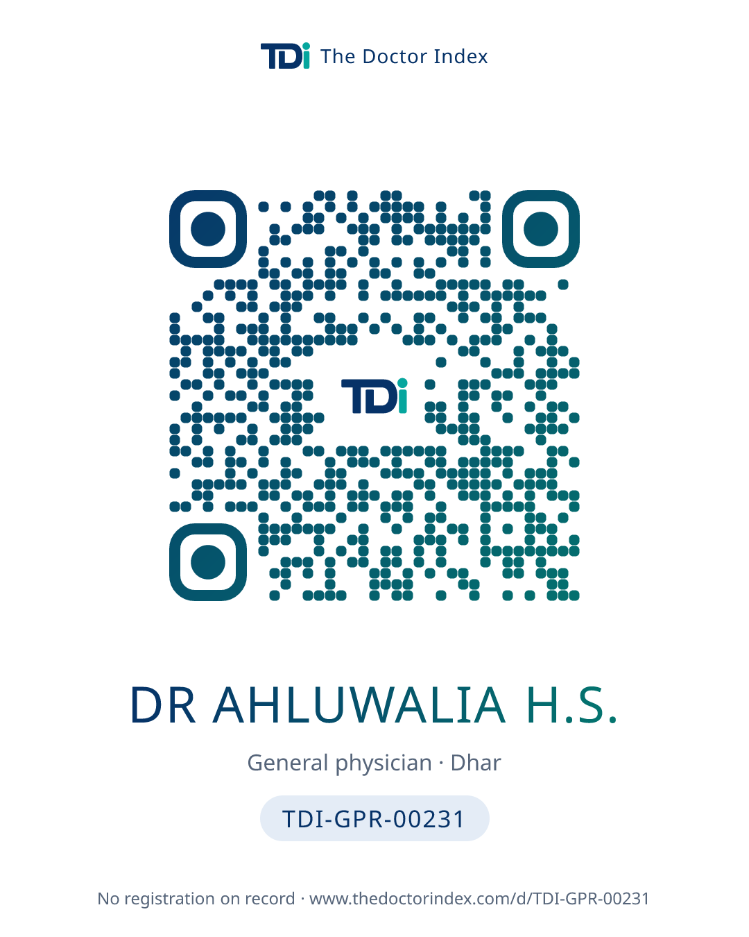 QR card for Dr Ahluwalia H.S., TDI-GPR-00231