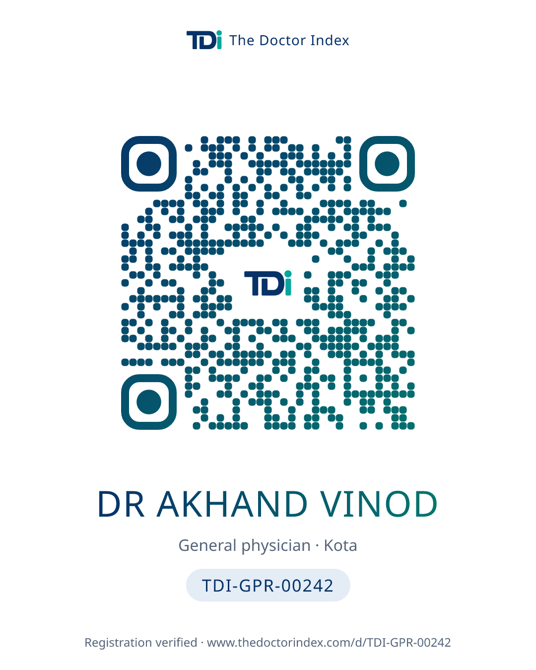 QR card for Dr Akhand Vinod, TDI-GPR-00242