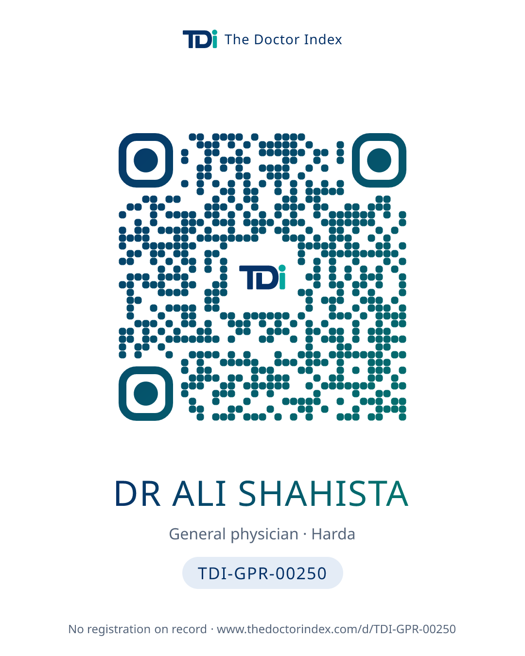 QR card for Dr Ali Shahista, TDI-GPR-00250